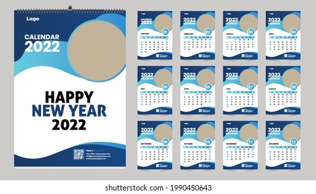 Monthly wall calendar template design for 2022 year. Week Starts on Sunday. Planner diary with Place for Photo.