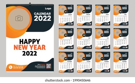 Monthly wall calendar template design for 2022 year. Week Starts on Sunday. Planner diary with Place for Photo.