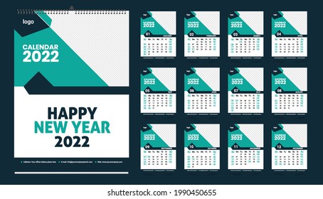 Monthly wall calendar template design for 2022 year. Week Starts on Sunday. Planner diary with Place for Photo.