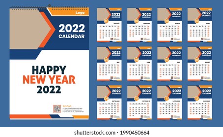 Monthly wall calendar template design for 2022 year. Week Starts on Sunday. Planner diary with Place for Photo.