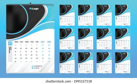 Diseño de plantillas de calendario mural mensual para 2022, año. La semana comienza el domingo. Diario de Planner con Place for Photo.