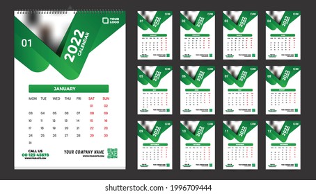 Diseño de plantillas de calendario mural mensual para 2022, año. La semana comienza el domingo. Diario de Planner con Place for Photo.
