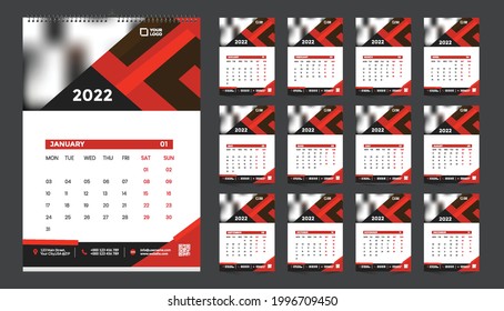 Monthly wall calendar template design for 2022, year. Week starts on Sunday. Planner diary with Place for Photo.