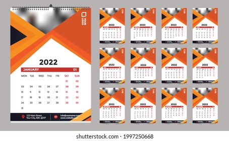 Monatliche Wandvorlagen für 2022, Jahr. Die Woche beginnt am Sonntag. Planer Tagebuch mit Ort für Foto.