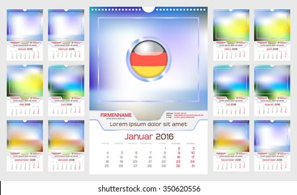 Monthly Wall Calendar for Year 2016 in German. Different Colors for Seasonsa. Week starts Monday. Holidays are not marked. Vector Template with Space for Photo. Portrait Orientation. Set of 12 Months