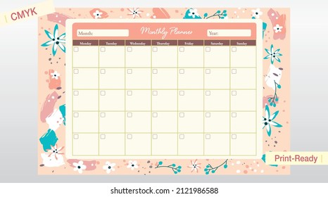 Monthly Wall Planner, Girly style. Editable vector.