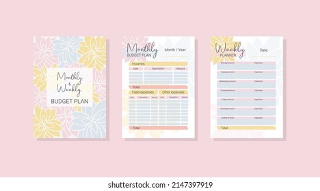 Monthly, weekly budget planner. Planner cover. Format A4. Business management logbook. Task planner checklist. Vector graphic set for budget organization.