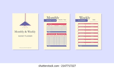 Monthly, Weekly Budget Planner. Planner Cover. Format A4. Business Management Logbook. Task Planner Checklist. Vector Graphic Set For Budget Organization.