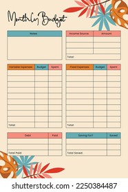 Monthly and weekly budget planner. Cute finance planner template with abstract details. Vector illustration