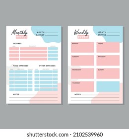 Monthly and weekly budget planner. Finance planner template with pink and blue abstract details. Vector illustration.