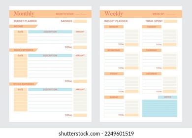 Monthly, weekly budget planner. Financial Accounting Template Vertical Pages. Minimalist journal design printable