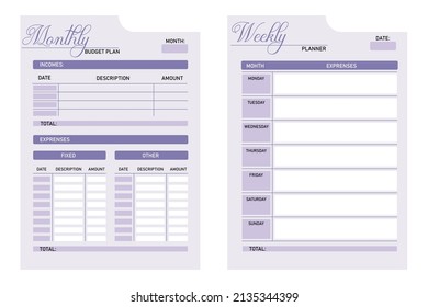 Monthly Weekly Budget Planner Form Pages Stock Vector (Royalty Free ...