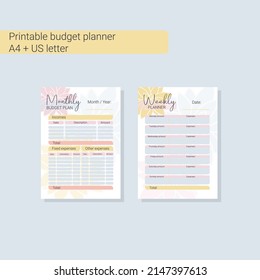 Monthly, weekly budget planner. Format A4. Business management logbook. Task planner checklist. Vector graphic set for budget organization.