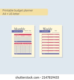 Monthly, weekly budget planner. Format A4. Business management logbook. Task planner checklist. Vector graphic set for budget organization.