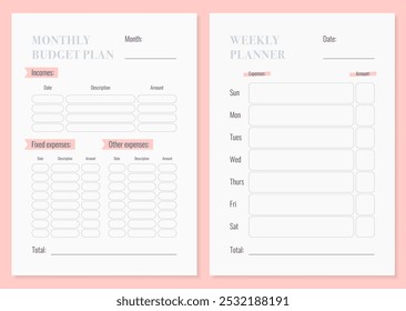 Monatliche und wöchentliche Budgetplanung. Formular zur Erfassung von Einnahmen und Ausgaben. Vektor.