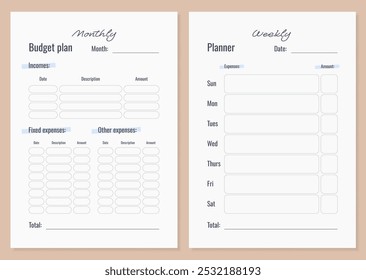 Planejador de orçamento mensal e semanal. Formulário de rastreamento de receita e despesa. Vetor.