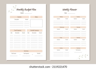 Monthly and weekly budget planner. Personal planner template in minimalistic style and pastel colors. Vector