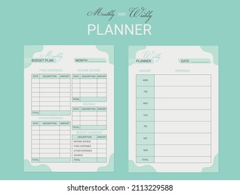 Monthly and weekly budget planner template. Planning concept. Organizer for agenda.
