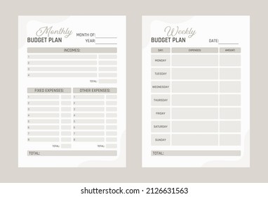 Monthly and weekly budget planner. Two sheets in beige tones on a light plain background. Vector illustration.
