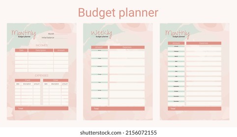 Monthly, weekly, daily budget planner. Organiser financial templates set. Checklists, important date and notes.	