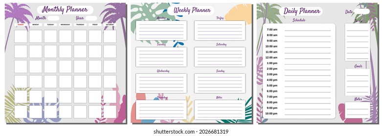 Monthly, Weekly, Daily Planner Set template vector. Palms floral decoration background, To Do list, goals, notes. Business notebook management, organizer