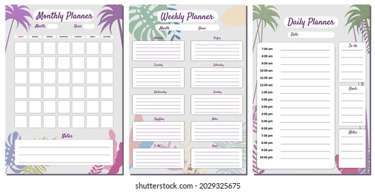 Monthly, Weekly, Daily Planner Set template vector. Palms floral decoration background, To Do list, goals, notes. Business notebook management, organizer