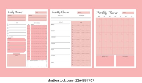 Monthly, weekly and daily planner templates set. Printable A4 sheets. Vector illustration
