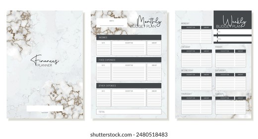 Monthly and weekly finance planner template with luxurious marble stone texture with glitter. Vector