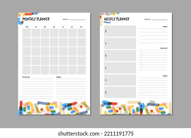 Monthly and weekly planner insert to diary, planner, organizer. Template with to do list, goals and notes section. Colorful abstract vector illustration.