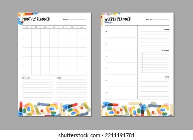 Monthly and weekly planner insert to diary, planner, organizer. Template with to do list, goals and notes section. Colorful abstract vector illustration.