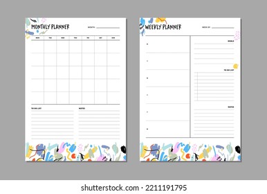 Monthly and weekly planner insert to diary, planner, organizer. Template with to do list, goals and notes section. Colorful abstract vector illustration.
