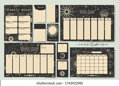 Monthly and weekly planner. magical image of cosmic bodies, stars, constellations, the sun and the moon. Retro vintage vintage style engraving. astrology and horoscope. Vector graphics