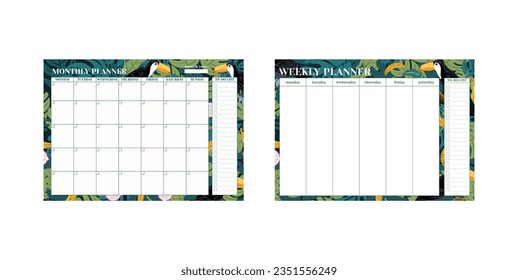 Monthly, weekly planner, weekly schedule with toucan illustration tropical leaves 