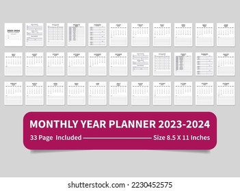 Planner de año mensual 2023-2024 Plantilla interior con calendario