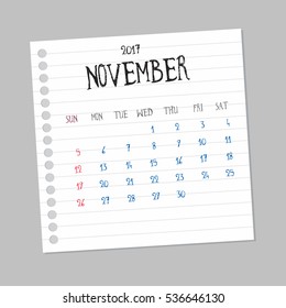 Months and dates shown on a November calendar whilst turning the pages

