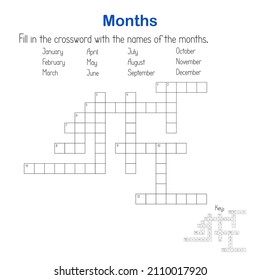 Months in English crossword word search puzzle, seasonal activities vector illustration printable worksheet for kids, educational game, teachers' resources