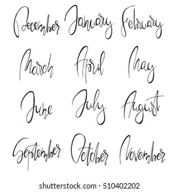 Months handwritten modern calligraphy. 12 ink black hand lettering with names of the months isolated on white background. Handwritten elements for calendars, planners and organizers.