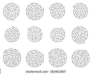 The months of January, February, March, April, May, June, July, August, September, October, November, December are a calendar in different languages of the world. Spiral text on white background.