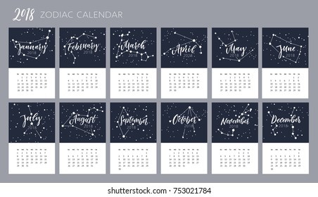 months names brush lettering in constellations of zodiac calendar template