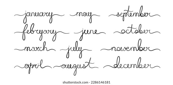 Meses nombres línea cursiva conjunto manuscrito. Calendario meses del año colección de secuencias de comandos de pincel caligráfico continuo. Texto con letras dibujadas a mano para calendario y organizador, vector planificador