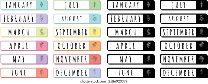 Months Planner Stickers. Cute hand drawing monthly planner vector graphic templates, to do list, schedule, organizer, reminder and motivational word in cute illustration and lettering.