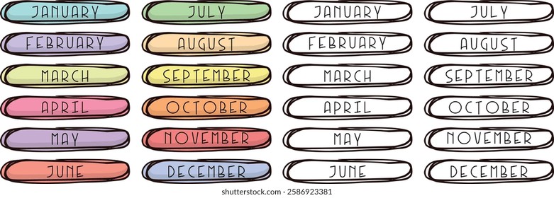 Months Planner Stickers. Cute hand drawing monthly planner vector graphic templates, to do list, schedule, organizer, reminder and motivational word in cute illustration and lettering.