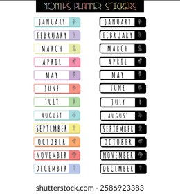 Months Planner Stickers. Cute hand drawing monthly planner vector graphic templates, to do list, schedule, organizer, reminder and motivational word in cute illustration and lettering.