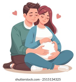 Meses grávida mulher com homem, parto articular, ilustração design isolado