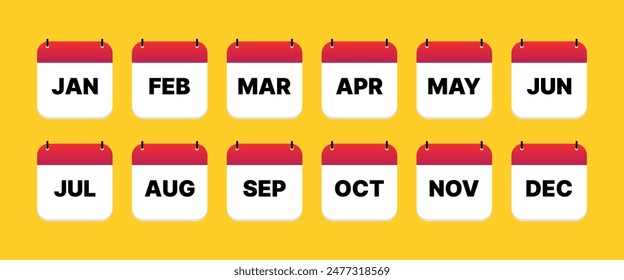 Months of the year calendar date. All twelve months with names in abbreviated form. Vector icons