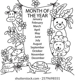 Months of the year with cute animals. Vector illustration. Black and white.