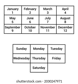 Months of the year and days of the week chart in English