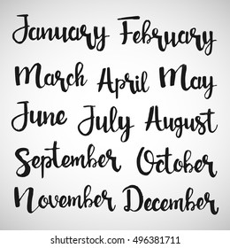 Months of the year handwritten lettering set. January, February, March, April, May, June, July, August, September, October, November, December. Modern vector calligraphy for your calendar design