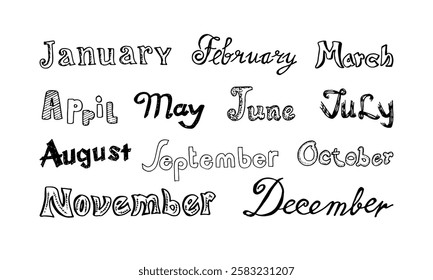 Months of the year, January through December, written in a variety of hand-lettered styles.