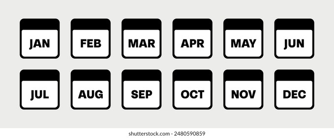Months of the year minimalist calendar date. All twelve months with names in abbreviated form. Vector icons